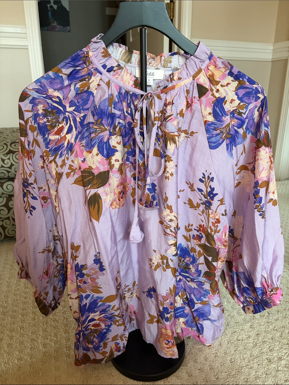 Lavender Floral Tie-Neck Blouse with Blue and Brown Accents